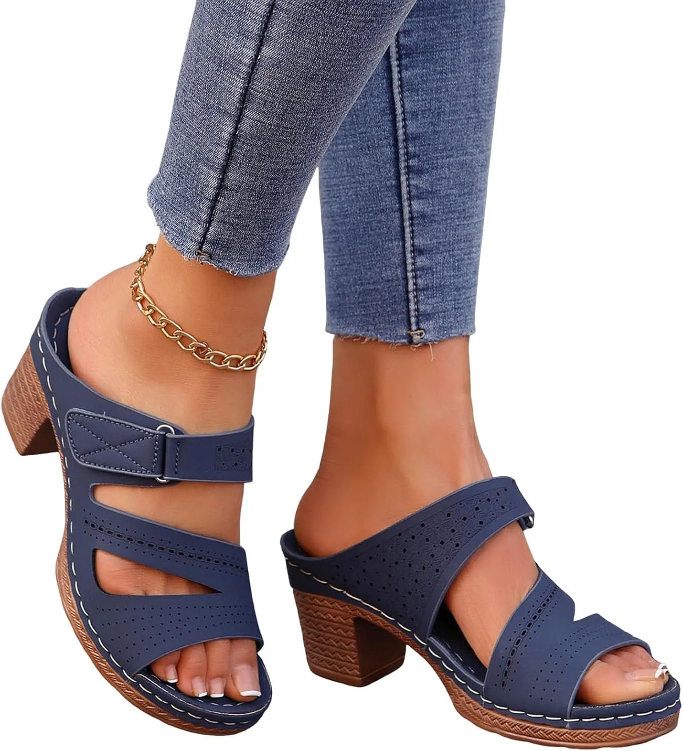 Women's Sandal Heels,Two Strap Open Toe Platform Slip-on Chunky Heels Sandals For Women Comfortable Walking Casual Dressy Summer Mules Shoes