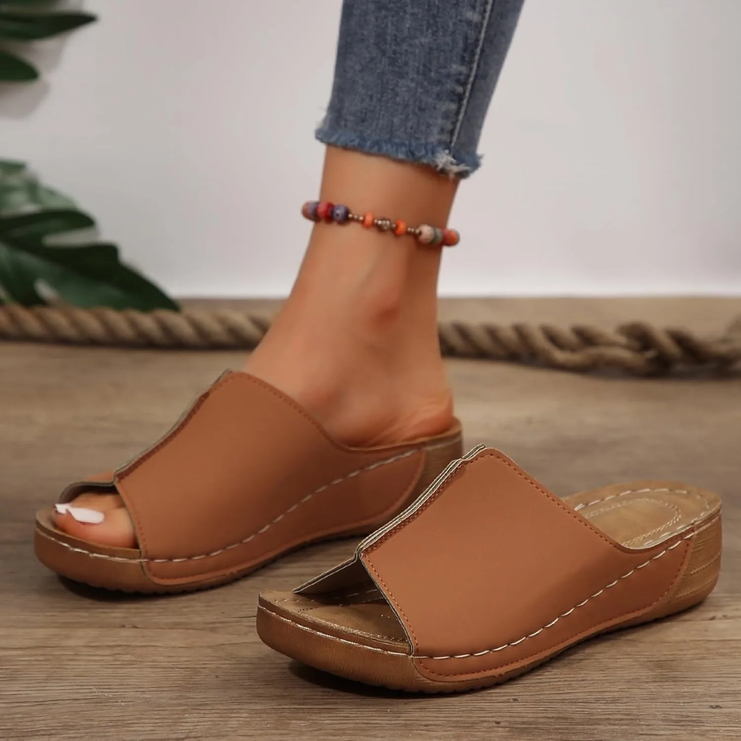 Womens Sandals Comfortable Orthopedic Arch Support All Day Walking Open Toe Pu Leather Slip On Platform Wedge Sandals