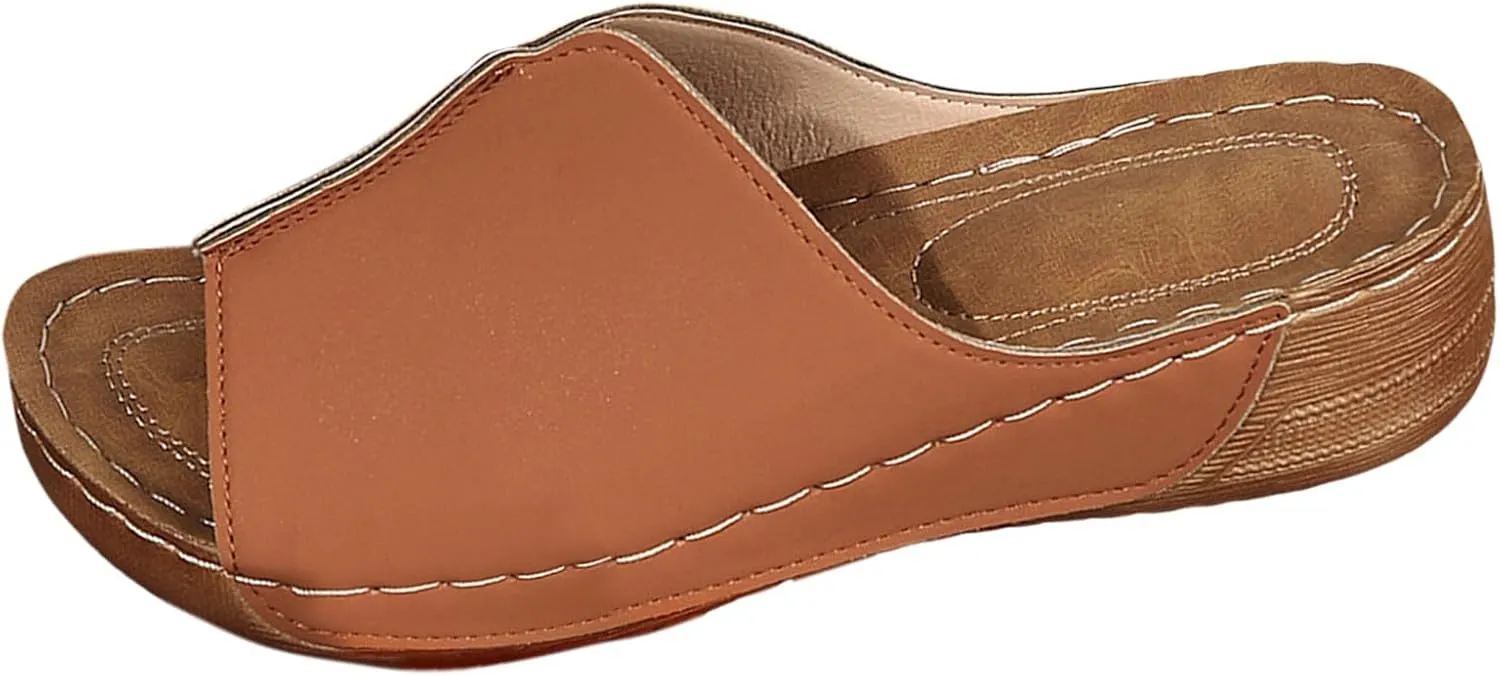 Womens Sandals Comfortable Orthopedic Arch Support All Day Walking Open Toe Pu Leather Slip On Platform Wedge Sandals