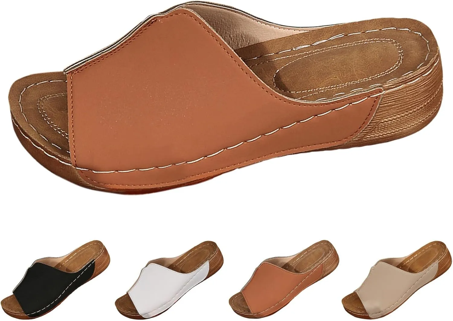 Womens Sandals Comfortable Orthopedic Arch Support All Day Walking Open Toe Pu Leather Slip On Platform Wedge Sandals