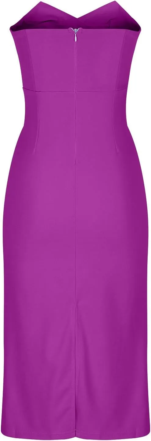 Women's Sexy Slim Party Dress Solid Color V-Neck Strapless Midi Dress Pleated Split Fashion Dresses