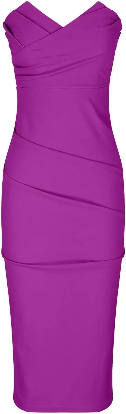 Women's Sexy Slim Party Dress Solid Color V-Neck Strapless Midi Dress Pleated Split Fashion Dresses