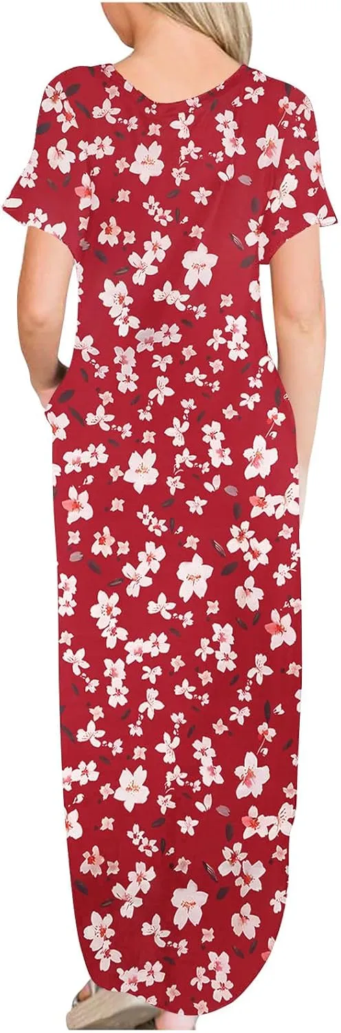Womens Short Sleeve Trendy Maxi Dresses Boho Floral Print Dresses A Line Casual Comfortable Sundress