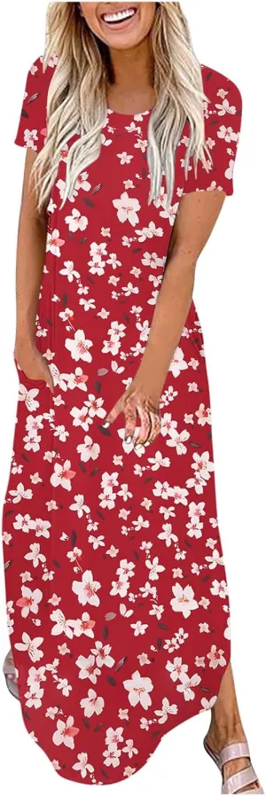 Womens Short Sleeve Trendy Maxi Dresses Boho Floral Print Dresses A Line Casual Comfortable Sundress