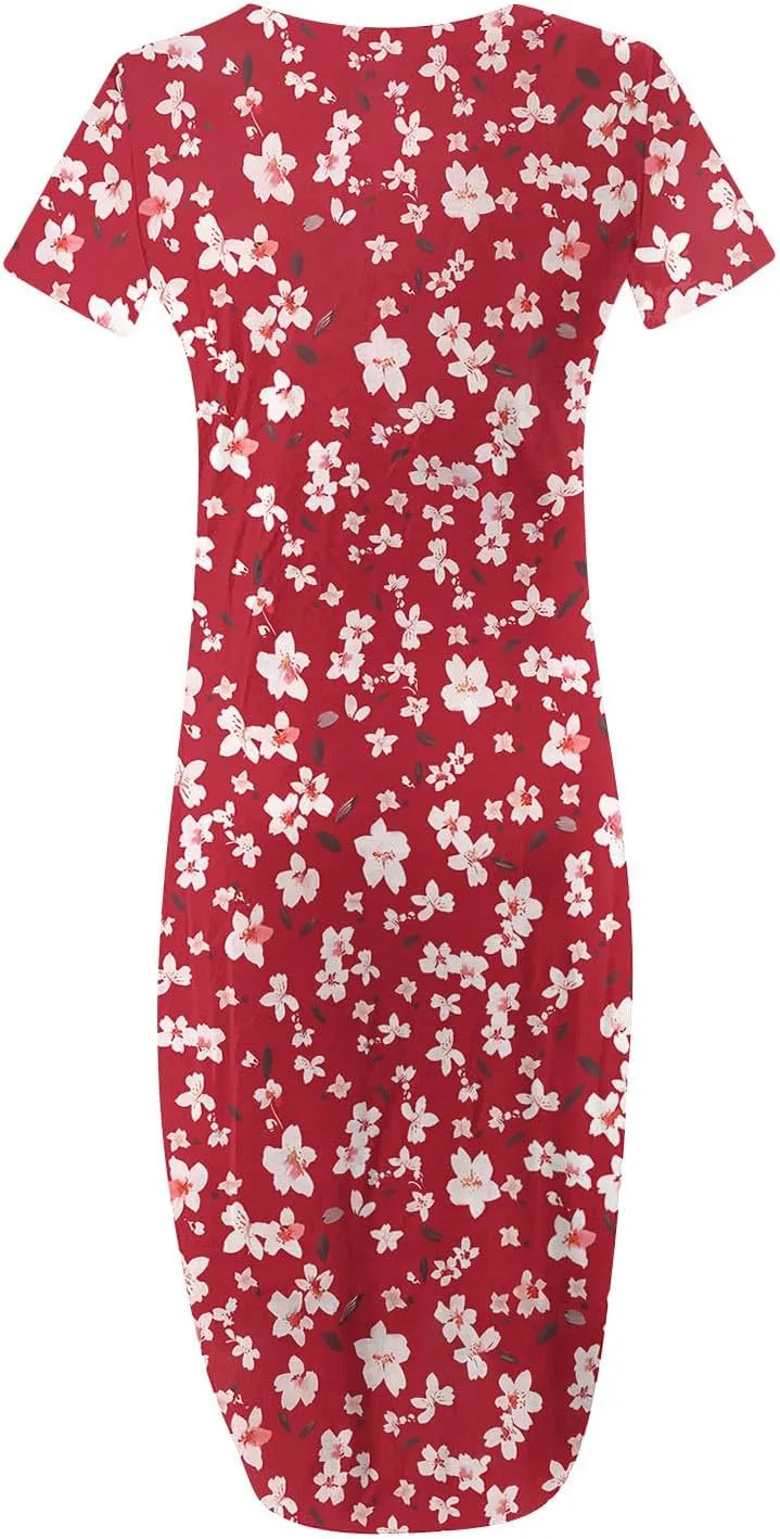 Womens Short Sleeve Trendy Maxi Dresses Boho Floral Print Dresses A Line Casual Comfortable Sundress