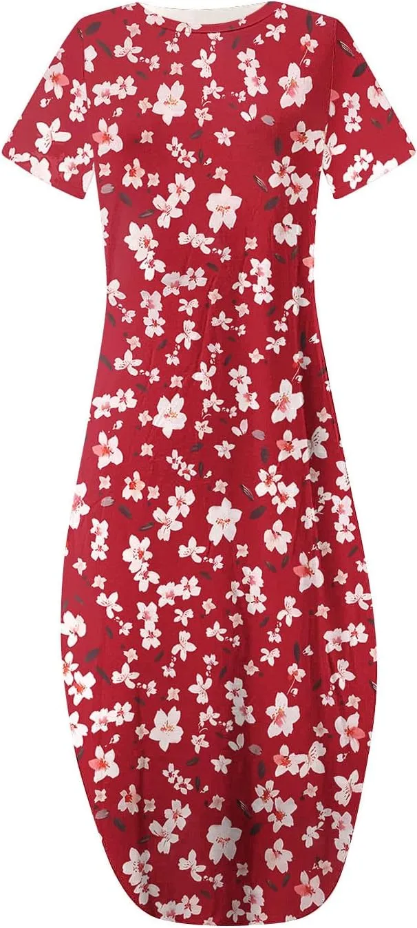 Womens Short Sleeve Trendy Maxi Dresses Boho Floral Print Dresses A Line Casual Comfortable Sundress