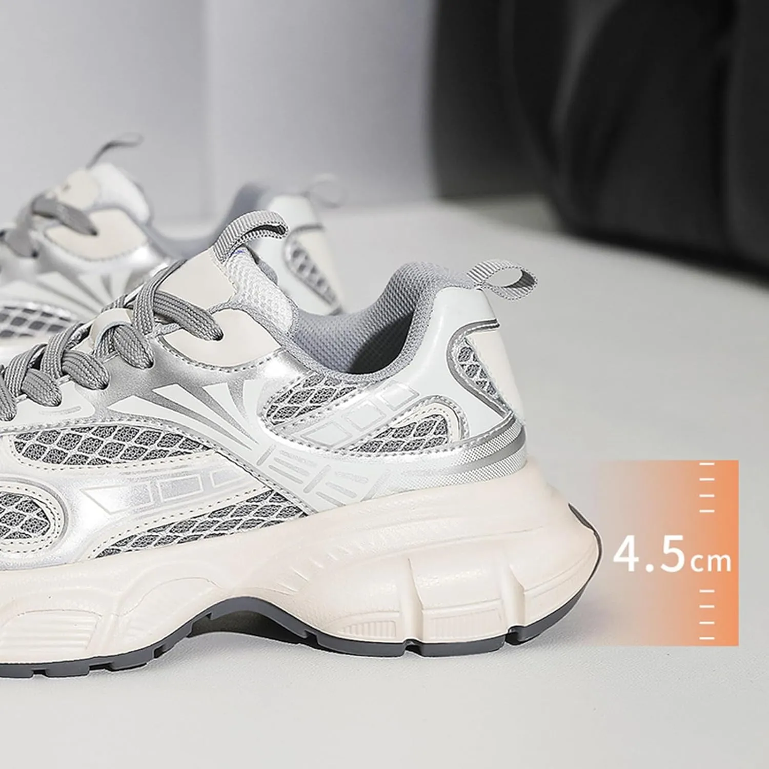 Women's Silver Fashion Sneakers - Chunky Casual Platform Trainers with Comfortable Thick Sole, Mesh Summer Shoes, Cool Lace-up Design,Red-38