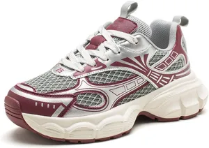 Women's Silver Fashion Sneakers - Chunky Casual Platform Trainers with Comfortable Thick Sole, Mesh Summer Shoes, Cool Lace-up Design,Red-38