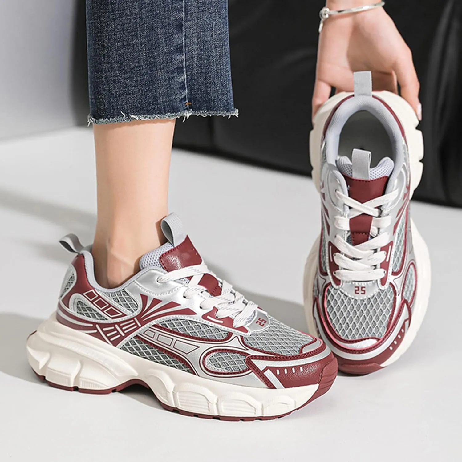 Women's Silver Fashion Sneakers - Chunky Casual Platform Trainers with Comfortable Thick Sole, Mesh Summer Shoes, Cool Lace-up Design,Red-38
