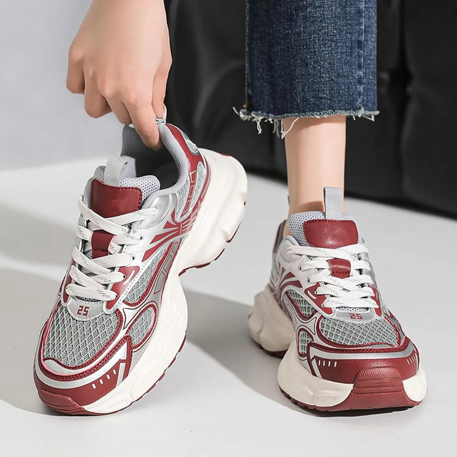 Women's Silver Fashion Sneakers - Chunky Casual Platform Trainers with Comfortable Thick Sole, Mesh Summer Shoes, Cool Lace-up Design,Red-38