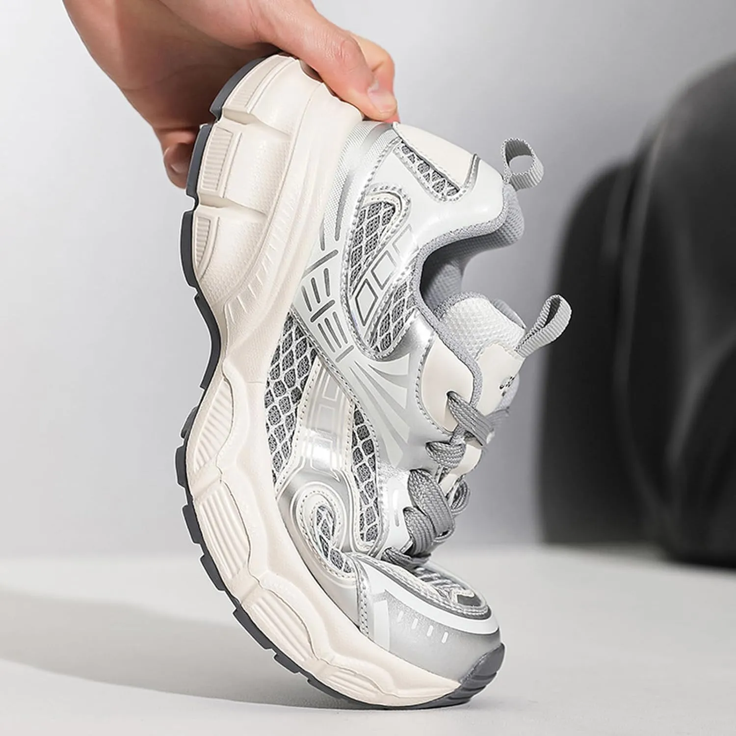 Women's Silver Fashion Sneakers - Chunky Casual Platform Trainers with Comfortable Thick Sole, Mesh Summer Shoes, Cool Lace-up Design,Red-38