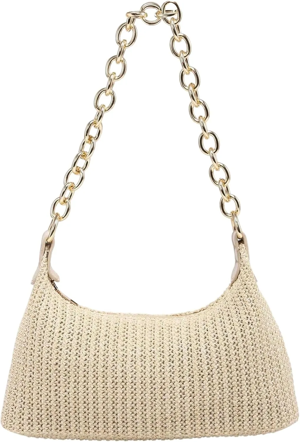 Women's Straw Woven Metal Chain Underarm Bags Small Zipper Beach Boho Shoulder Handbags