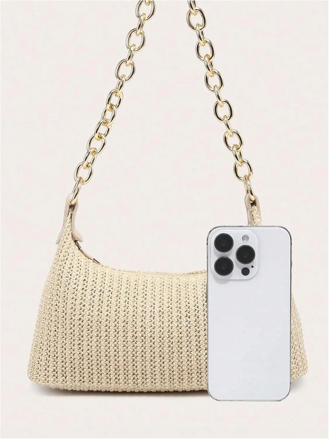Women's Straw Woven Metal Chain Underarm Bags Small Zipper Beach Boho Shoulder Handbags