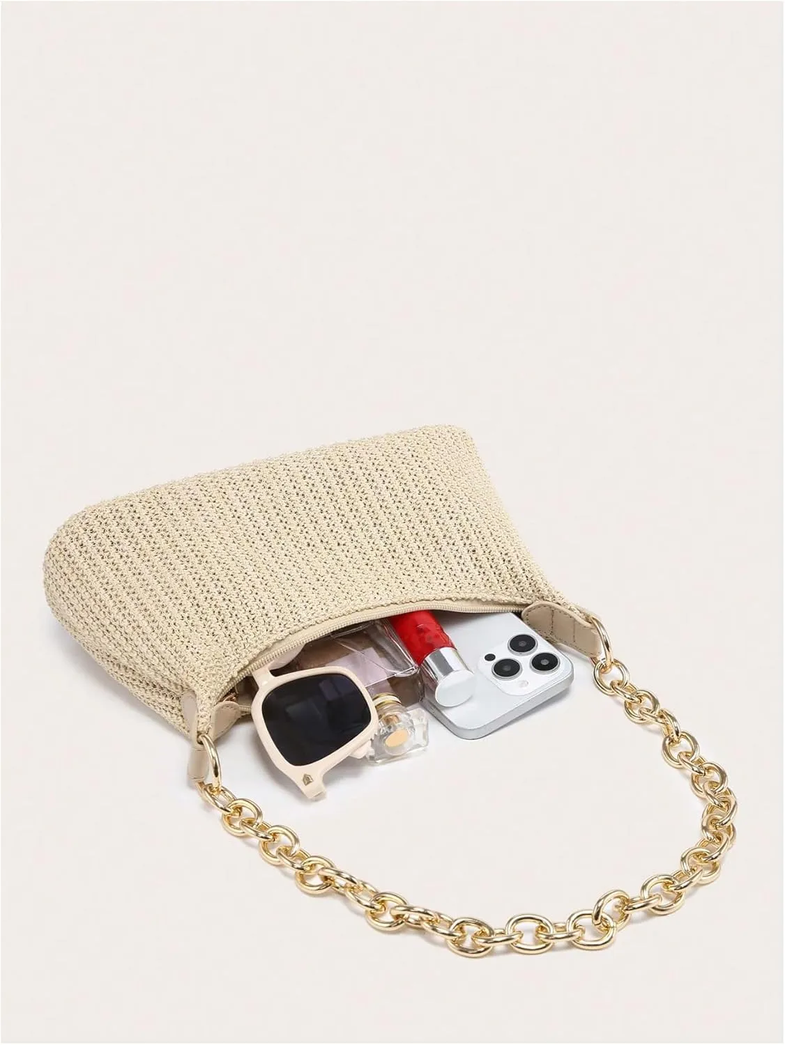 Women's Straw Woven Metal Chain Underarm Bags Small Zipper Beach Boho Shoulder Handbags