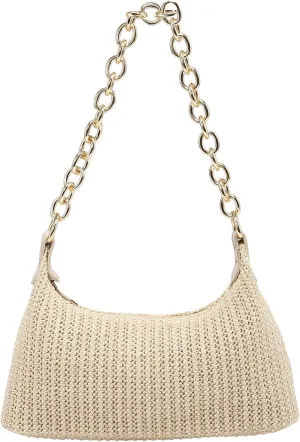 Women's Straw Woven Metal Chain Underarm Bags Small Zipper Beach Boho Shoulder Handbags