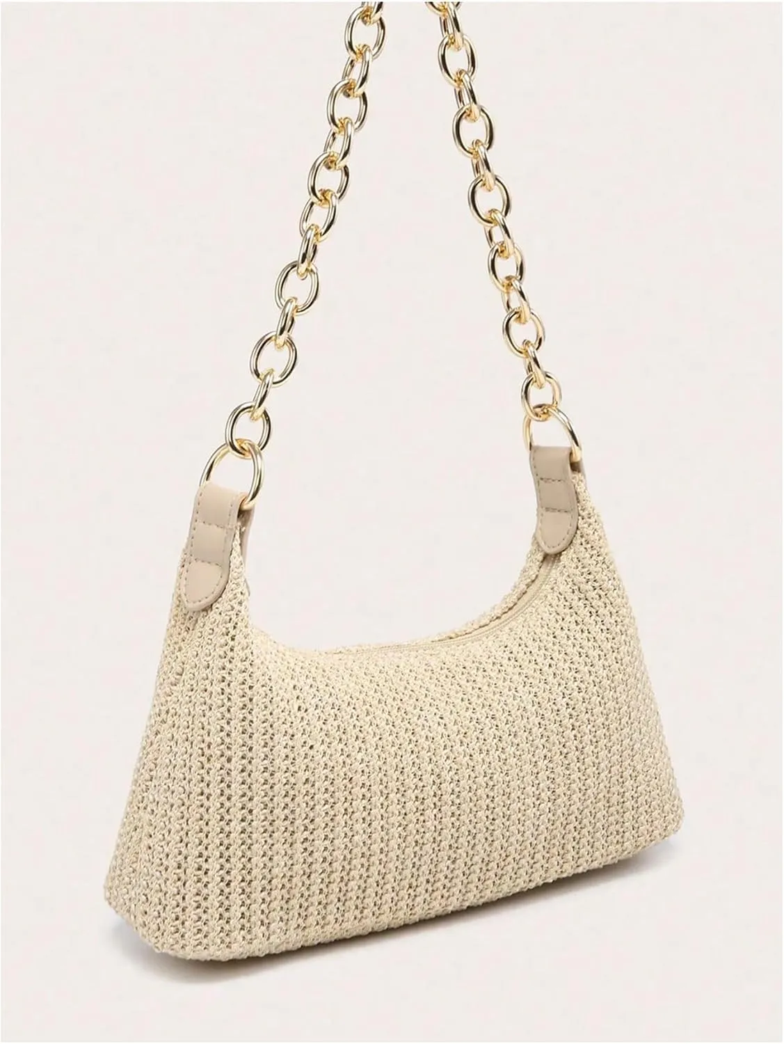 Women's Straw Woven Metal Chain Underarm Bags Small Zipper Beach Boho Shoulder Handbags