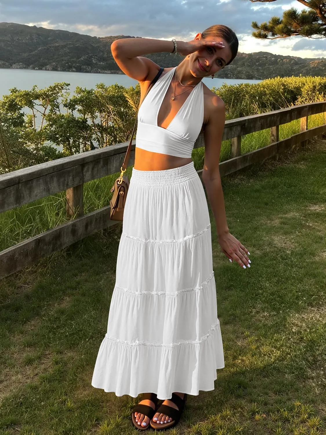 Women’s Summer Boho Maxi Skirts Smocked High Wasited Flowy Tiered Ruffle A Line Long Beach Skirt