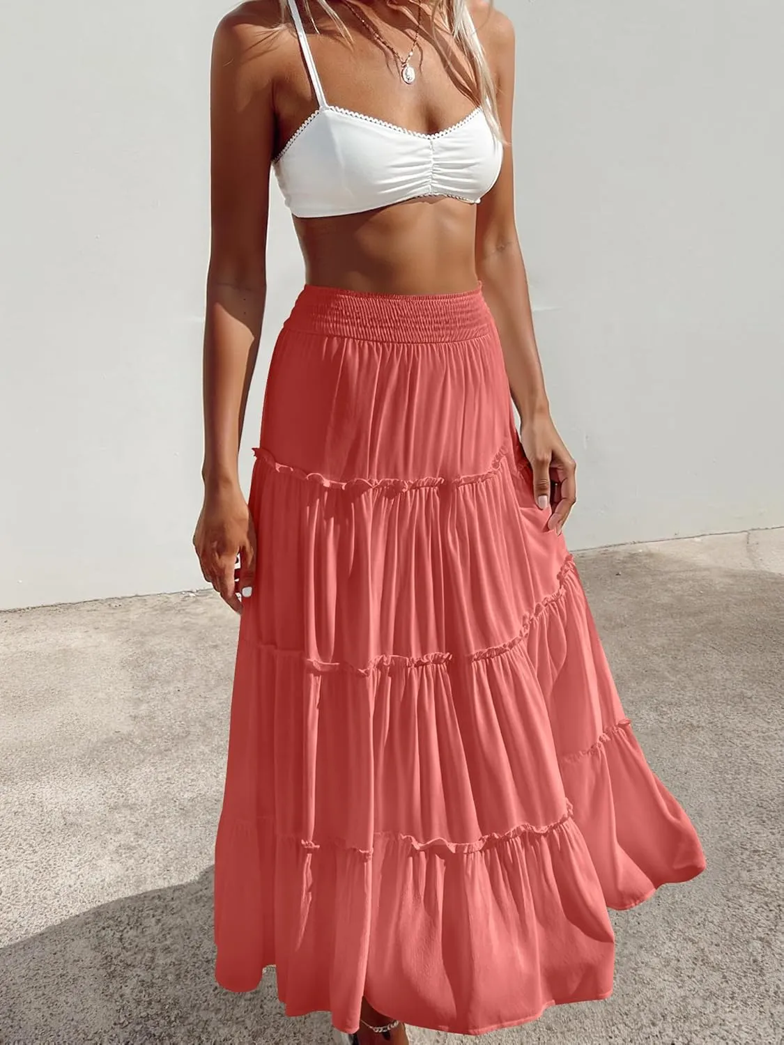 Women’s Summer Boho Maxi Skirts Smocked High Wasited Flowy Tiered Ruffle A Line Long Beach Skirt