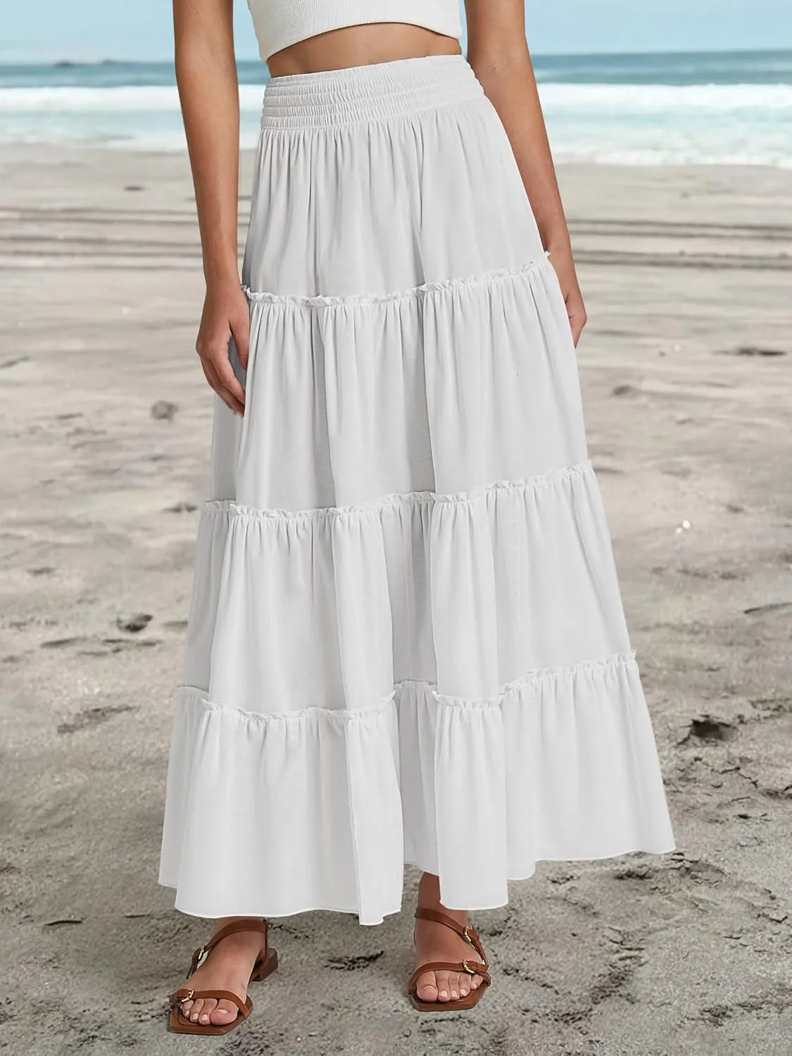 Women’s Summer Boho Maxi Skirts Smocked High Wasited Flowy Tiered Ruffle A Line Long Beach Skirt