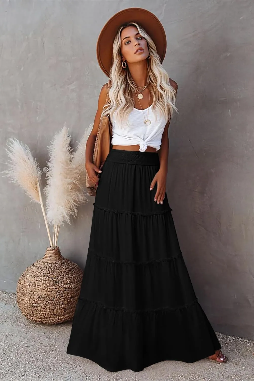 Women’s Summer Boho Maxi Skirts Smocked High Wasited Flowy Tiered Ruffle A Line Long Beach Skirt