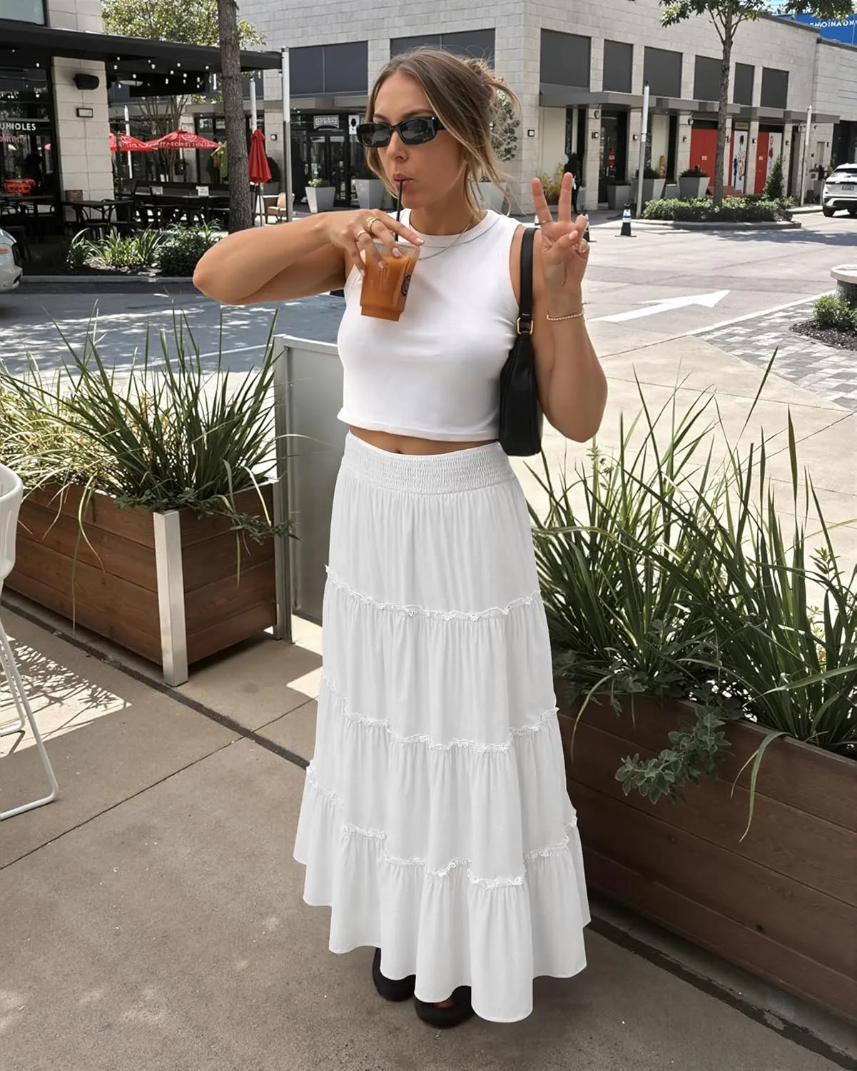Women’s Summer Boho Maxi Skirts Smocked High Wasited Flowy Tiered Ruffle A Line Long Beach Skirt