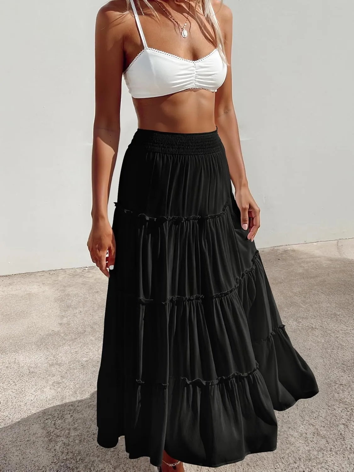 Women’s Summer Boho Maxi Skirts Smocked High Wasited Flowy Tiered Ruffle A Line Long Beach Skirt
