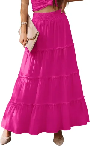 Women’s Summer Boho Maxi Skirts Smocked High Wasited Flowy Tiered Ruffle A Line Long Beach Skirt
