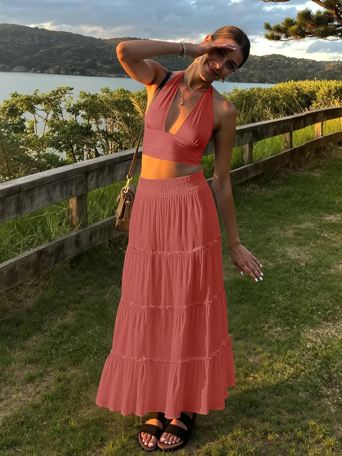 Women’s Summer Boho Maxi Skirts Smocked High Wasited Flowy Tiered Ruffle A Line Long Beach Skirt