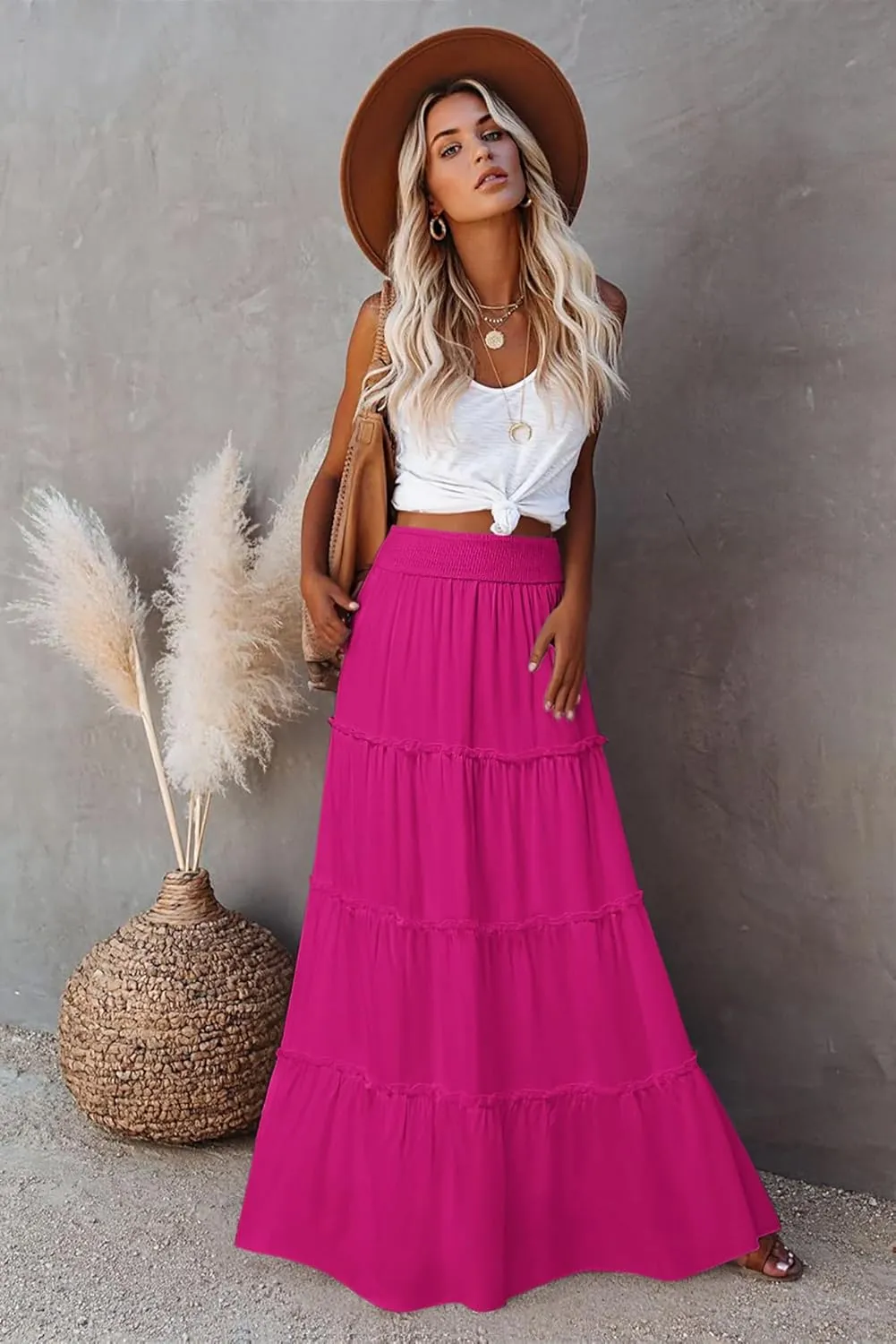 Women’s Summer Boho Maxi Skirts Smocked High Wasited Flowy Tiered Ruffle A Line Long Beach Skirt