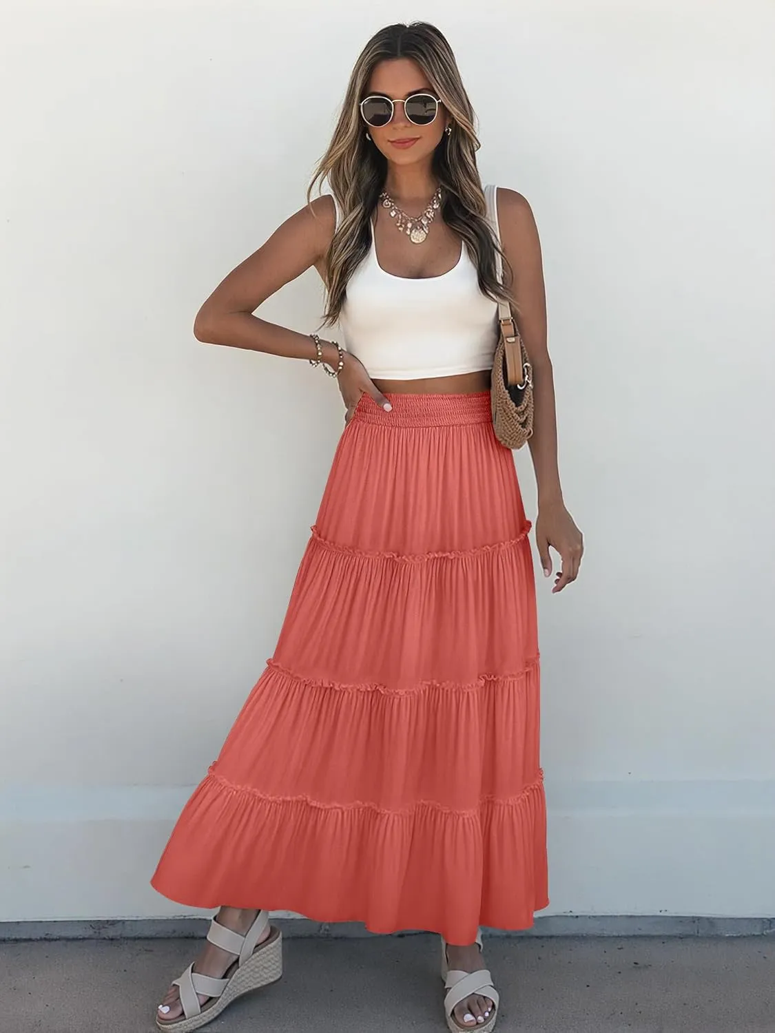 Women’s Summer Boho Maxi Skirts Smocked High Wasited Flowy Tiered Ruffle A Line Long Beach Skirt