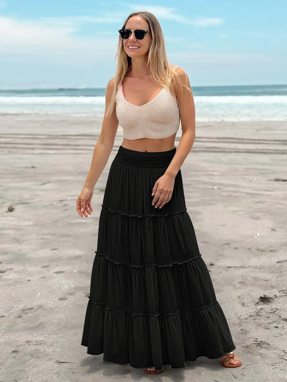 Women’s Summer Boho Maxi Skirts Smocked High Wasited Flowy Tiered Ruffle A Line Long Beach Skirt