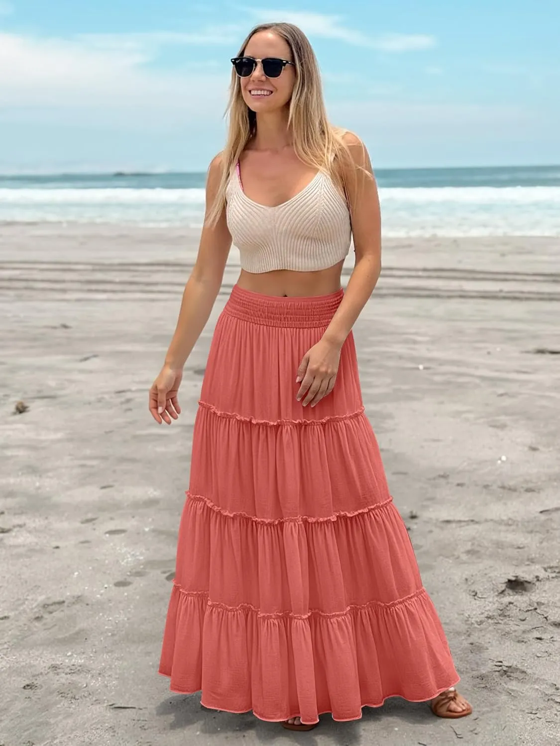Women’s Summer Boho Maxi Skirts Smocked High Wasited Flowy Tiered Ruffle A Line Long Beach Skirt