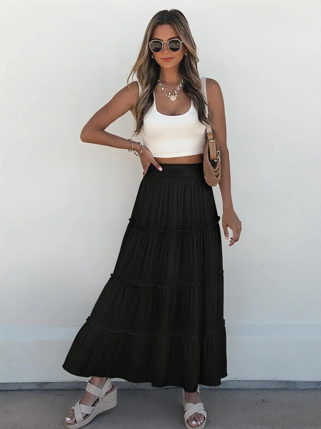 Women’s Summer Boho Maxi Skirts Smocked High Wasited Flowy Tiered Ruffle A Line Long Beach Skirt