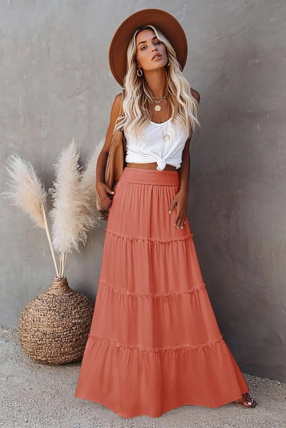 Women’s Summer Boho Maxi Skirts Smocked High Wasited Flowy Tiered Ruffle A Line Long Beach Skirt