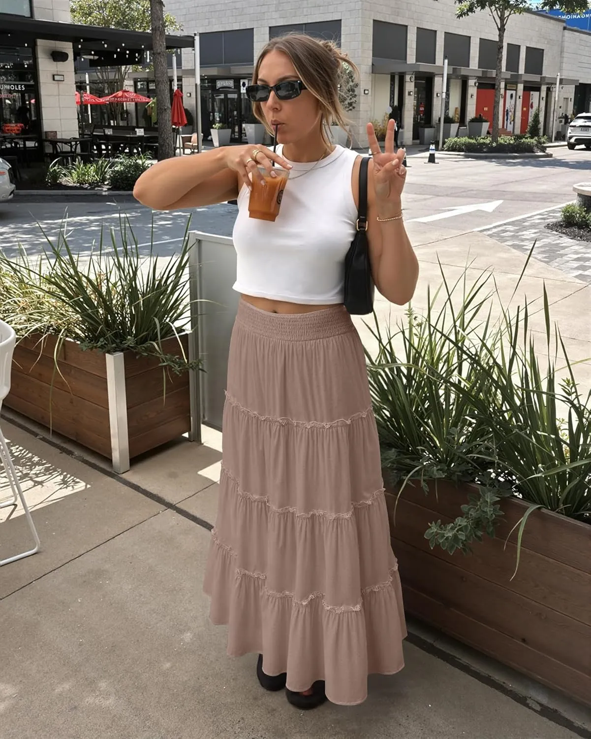 Women’s Summer Boho Maxi Skirts Smocked High Wasited Flowy Tiered Ruffle A Line Long Beach Skirt