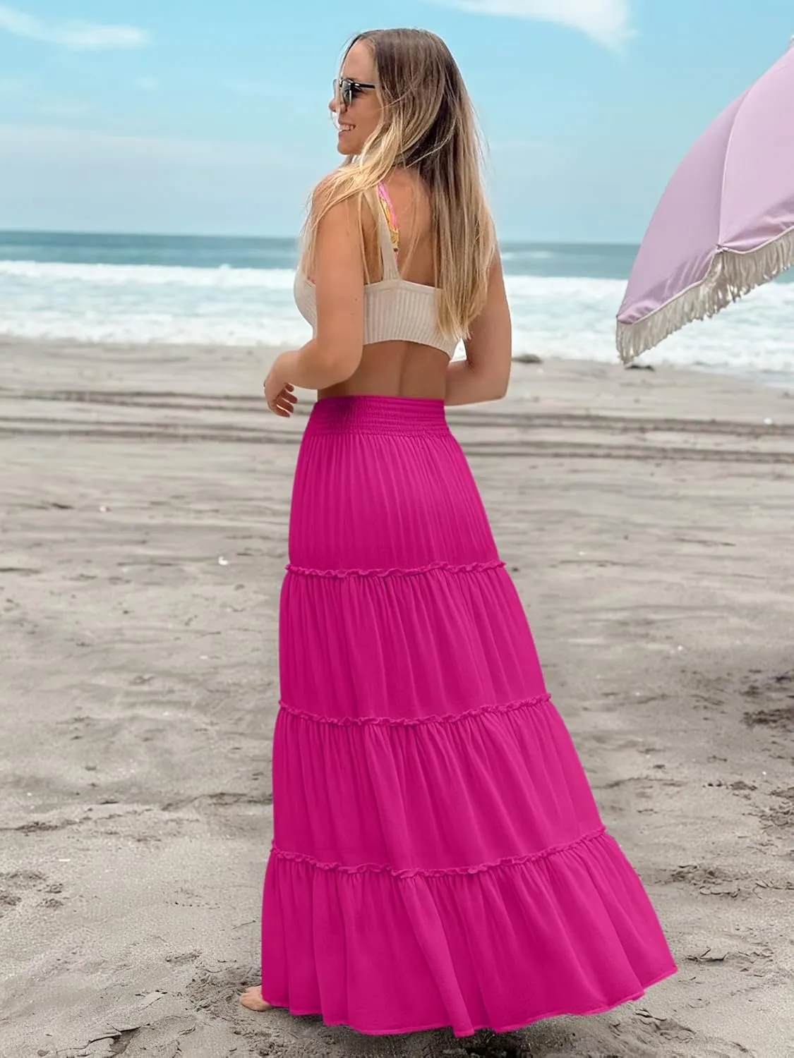 Women’s Summer Boho Maxi Skirts Smocked High Wasited Flowy Tiered Ruffle A Line Long Beach Skirt