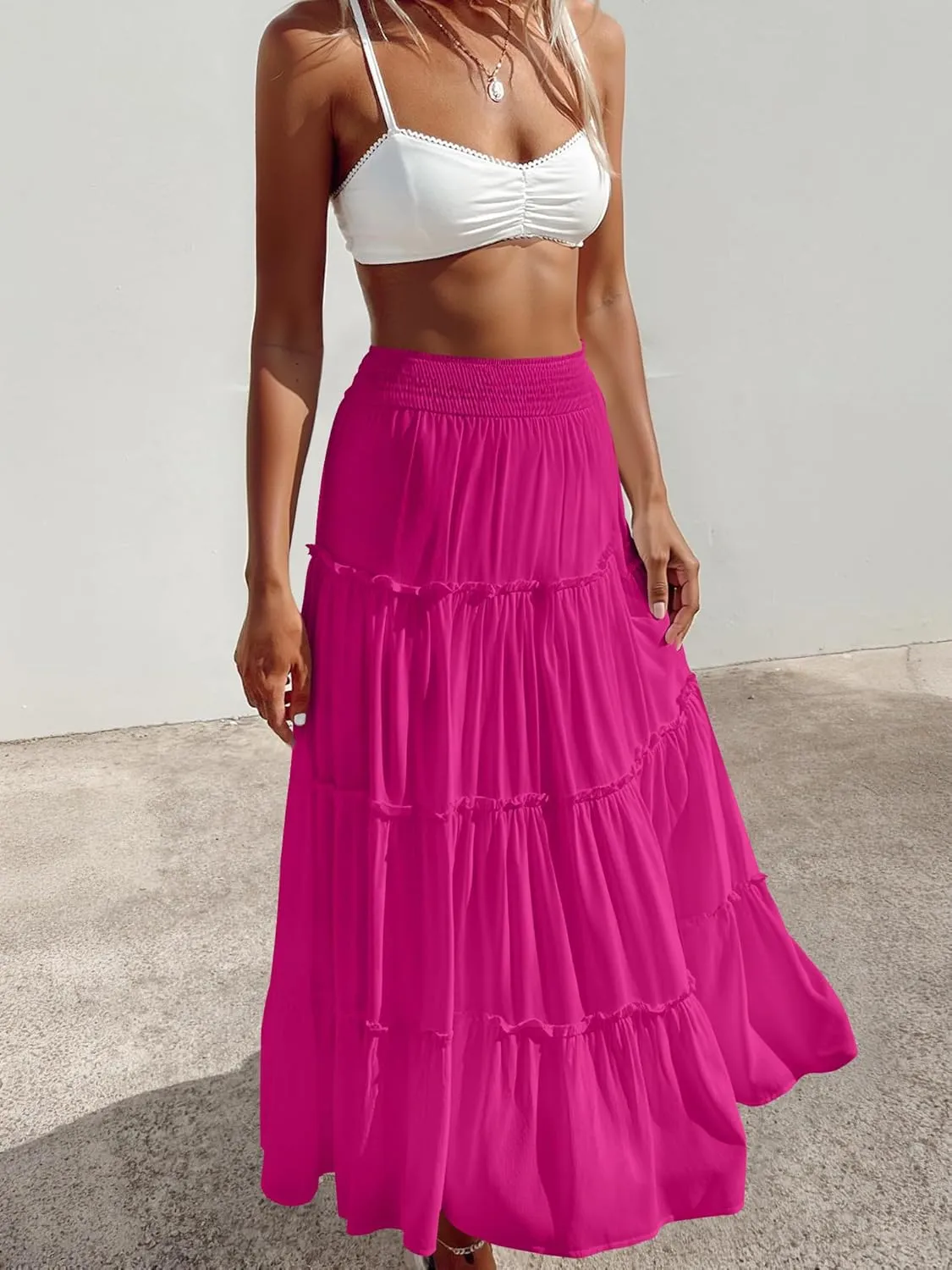 Women’s Summer Boho Maxi Skirts Smocked High Wasited Flowy Tiered Ruffle A Line Long Beach Skirt