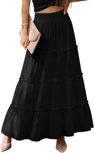 Women’s Summer Boho Maxi Skirts Smocked High Wasited Flowy Tiered Ruffle A Line Long Beach Skirt