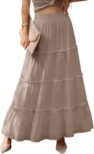 Women’s Summer Boho Maxi Skirts Smocked High Wasited Flowy Tiered Ruffle A Line Long Beach Skirt