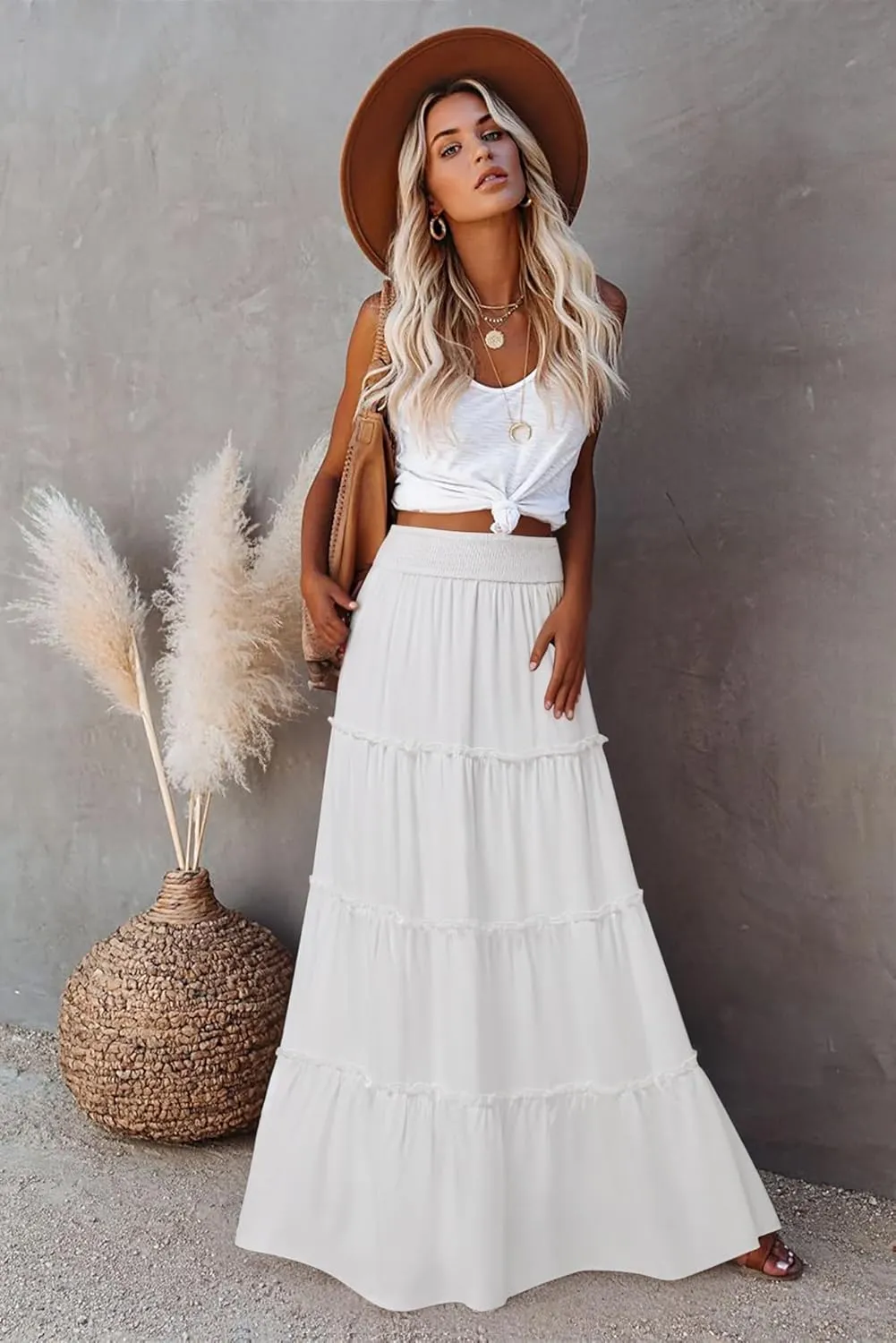 Women’s Summer Boho Maxi Skirts Smocked High Wasited Flowy Tiered Ruffle A Line Long Beach Skirt
