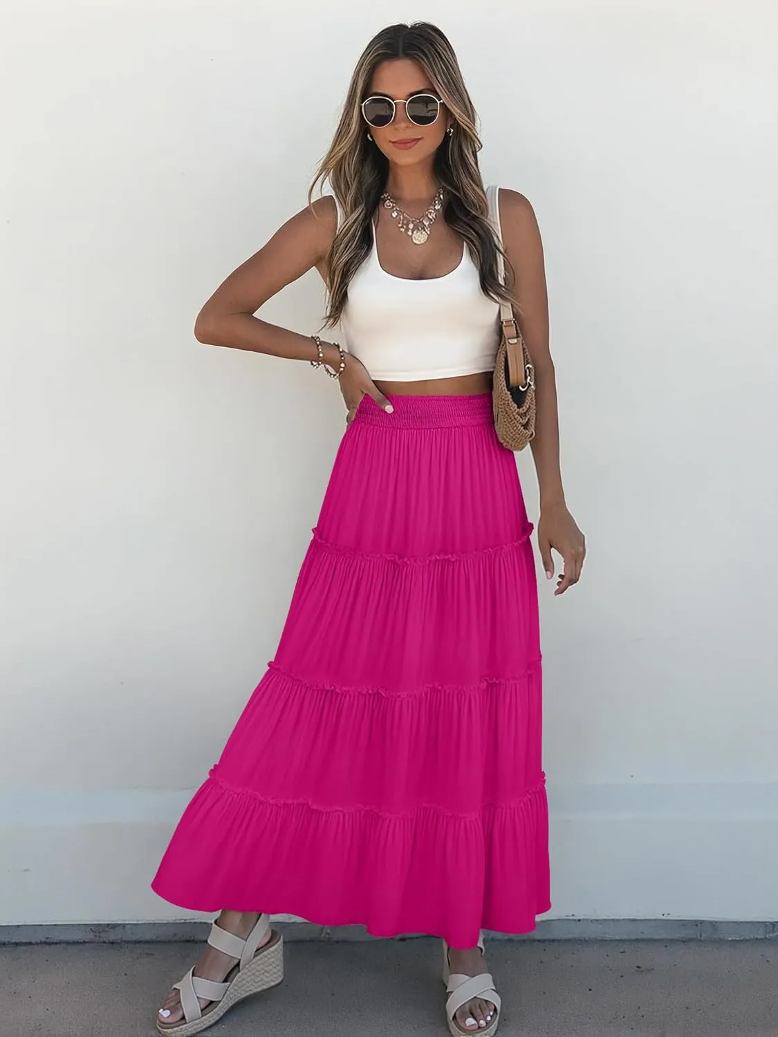 Women’s Summer Boho Maxi Skirts Smocked High Wasited Flowy Tiered Ruffle A Line Long Beach Skirt