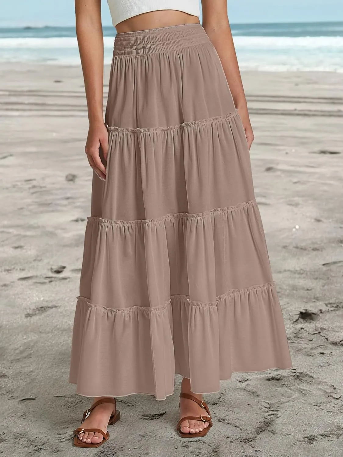 Women’s Summer Boho Maxi Skirts Smocked High Wasited Flowy Tiered Ruffle A Line Long Beach Skirt