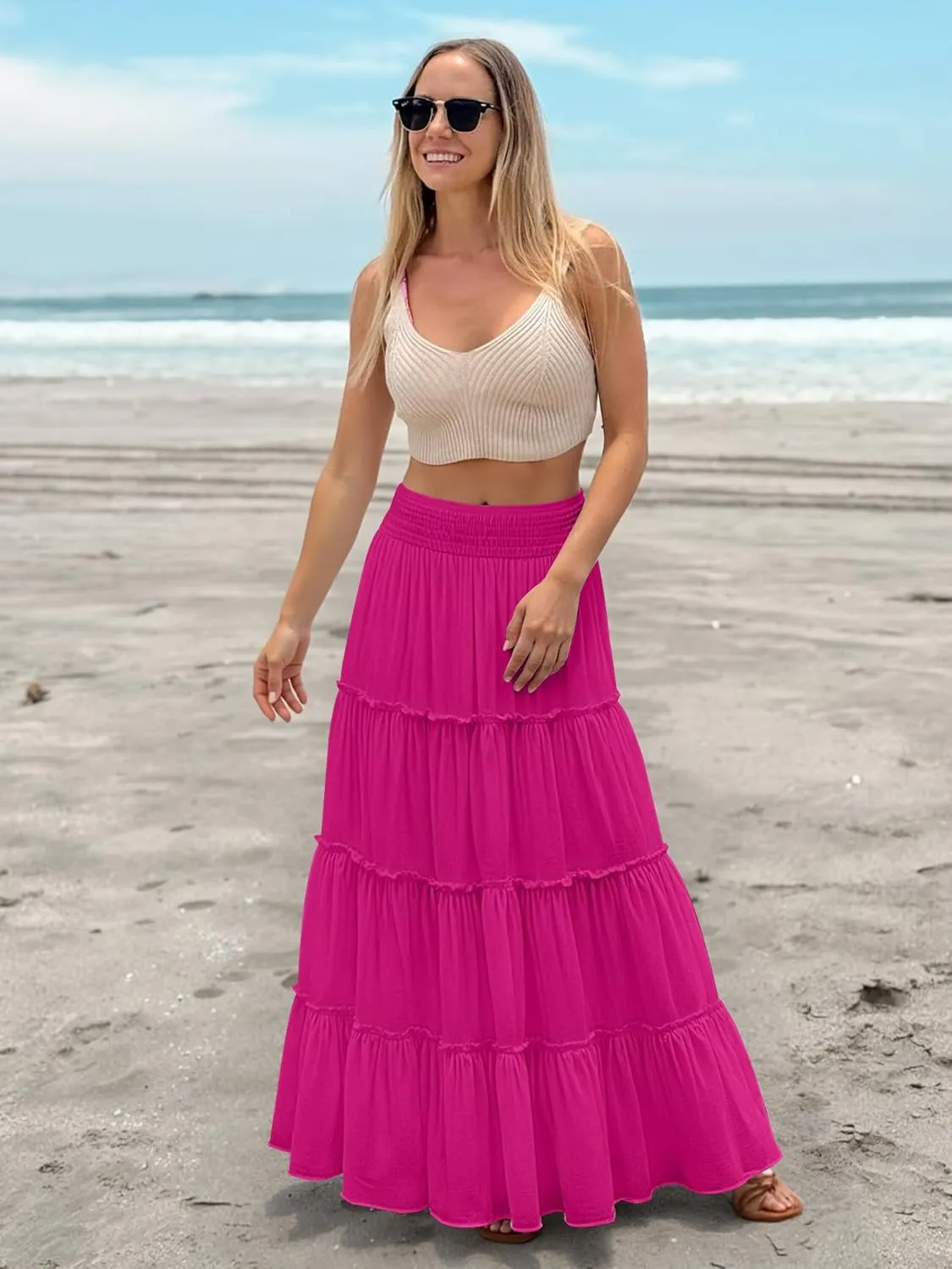Women’s Summer Boho Maxi Skirts Smocked High Wasited Flowy Tiered Ruffle A Line Long Beach Skirt