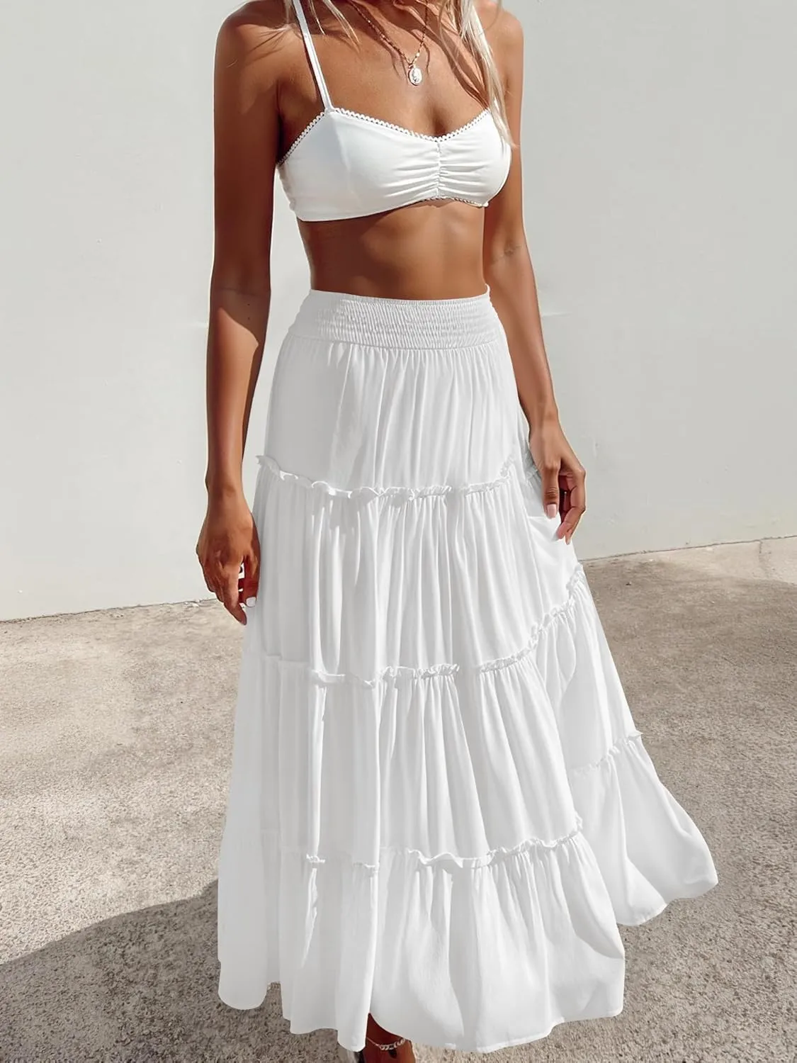 Women’s Summer Boho Maxi Skirts Smocked High Wasited Flowy Tiered Ruffle A Line Long Beach Skirt