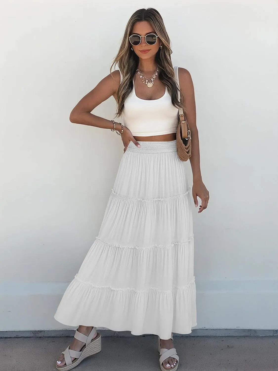 Women’s Summer Boho Maxi Skirts Smocked High Wasited Flowy Tiered Ruffle A Line Long Beach Skirt