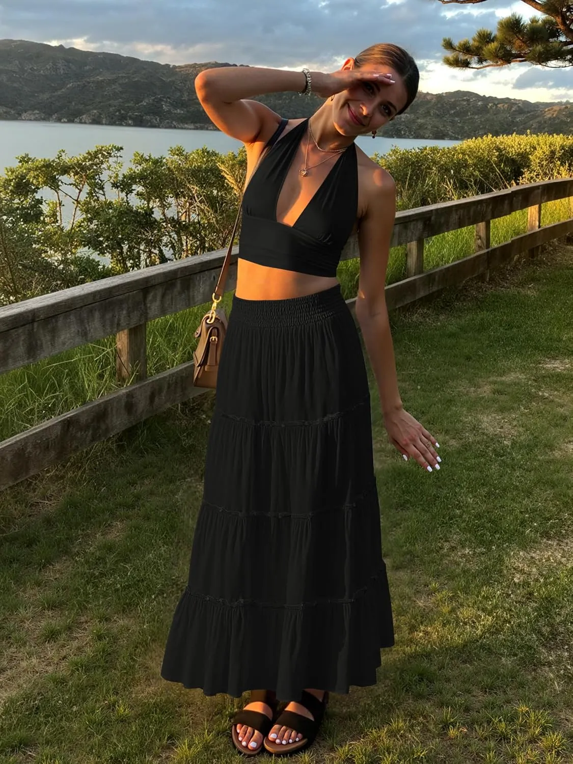 Women’s Summer Boho Maxi Skirts Smocked High Wasited Flowy Tiered Ruffle A Line Long Beach Skirt