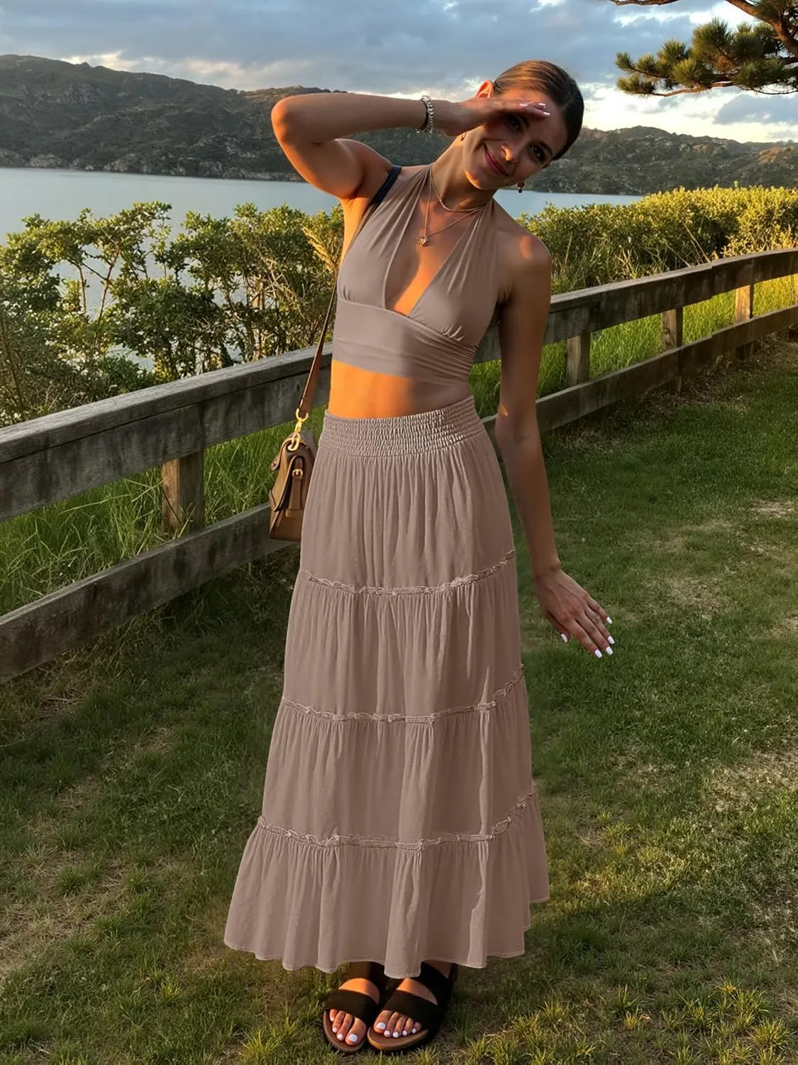 Women’s Summer Boho Maxi Skirts Smocked High Wasited Flowy Tiered Ruffle A Line Long Beach Skirt