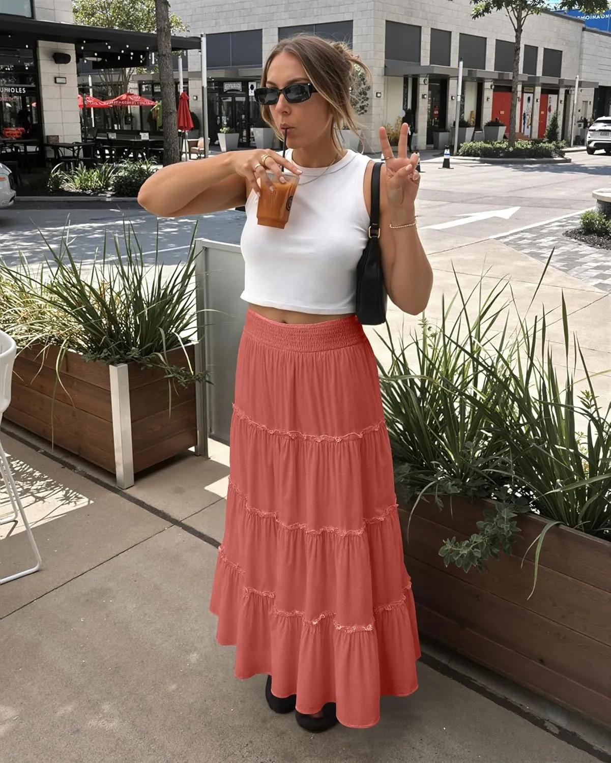 Women’s Summer Boho Maxi Skirts Smocked High Wasited Flowy Tiered Ruffle A Line Long Beach Skirt
