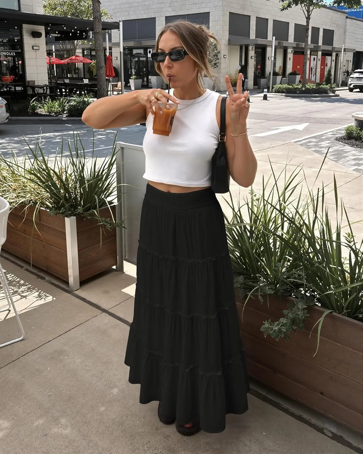 Women’s Summer Boho Maxi Skirts Smocked High Wasited Flowy Tiered Ruffle A Line Long Beach Skirt