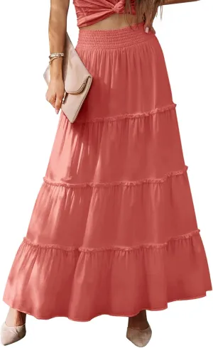 Women’s Summer Boho Maxi Skirts Smocked High Wasited Flowy Tiered Ruffle A Line Long Beach Skirt